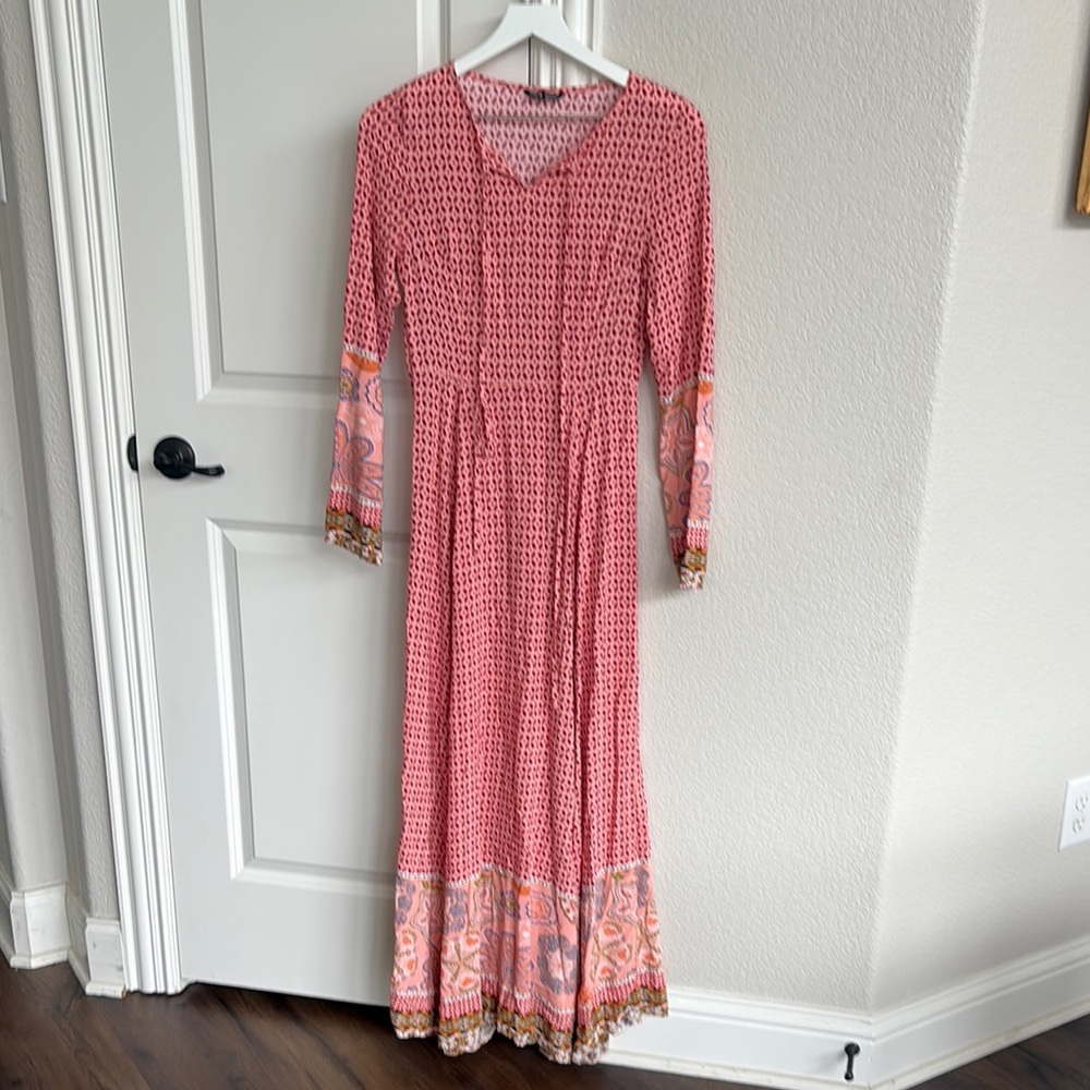 SHEIN Pink and Cream Long Sleeve V-Neck Sundress